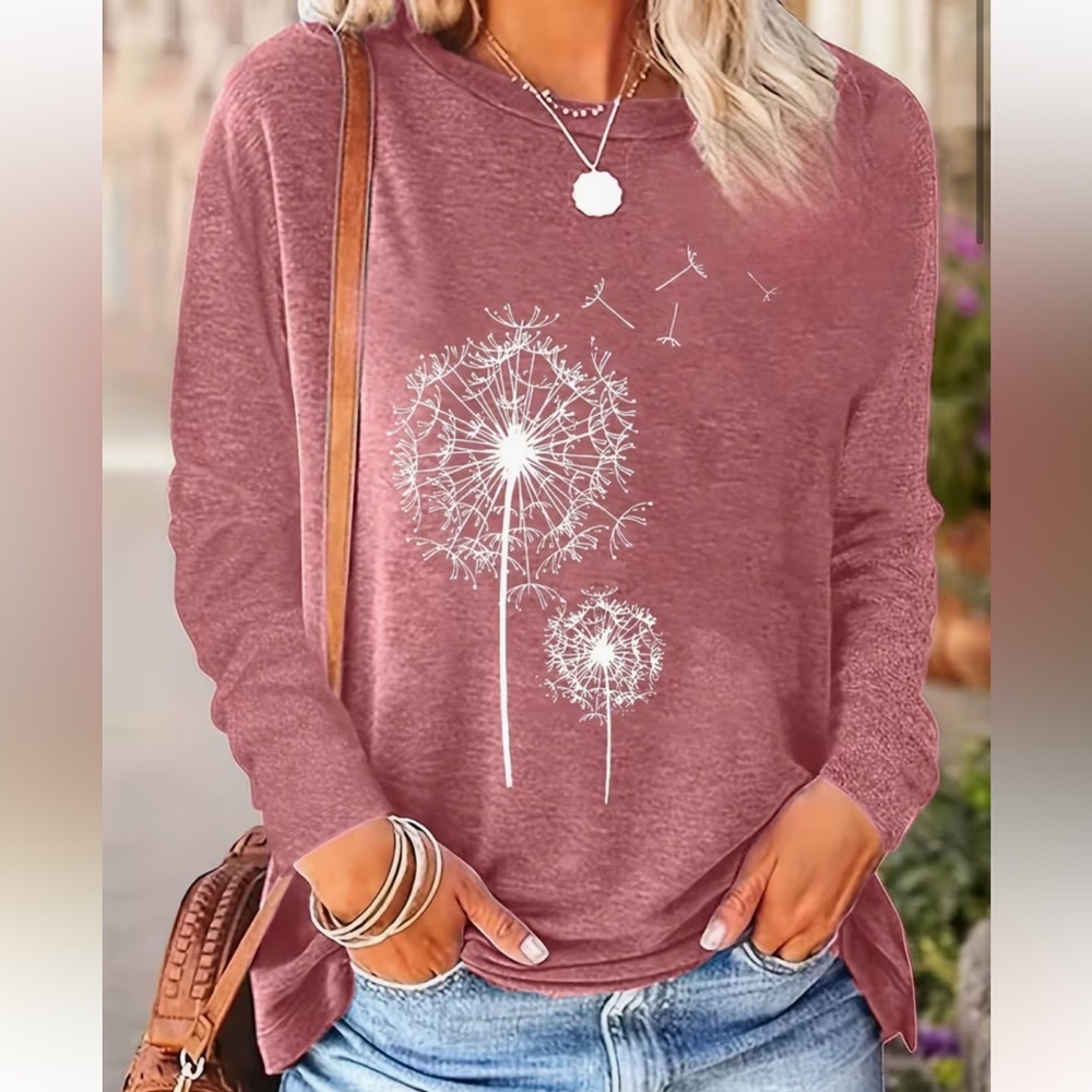 Women's Pink Long Sleeve Top with Dandelion Graphic Design M